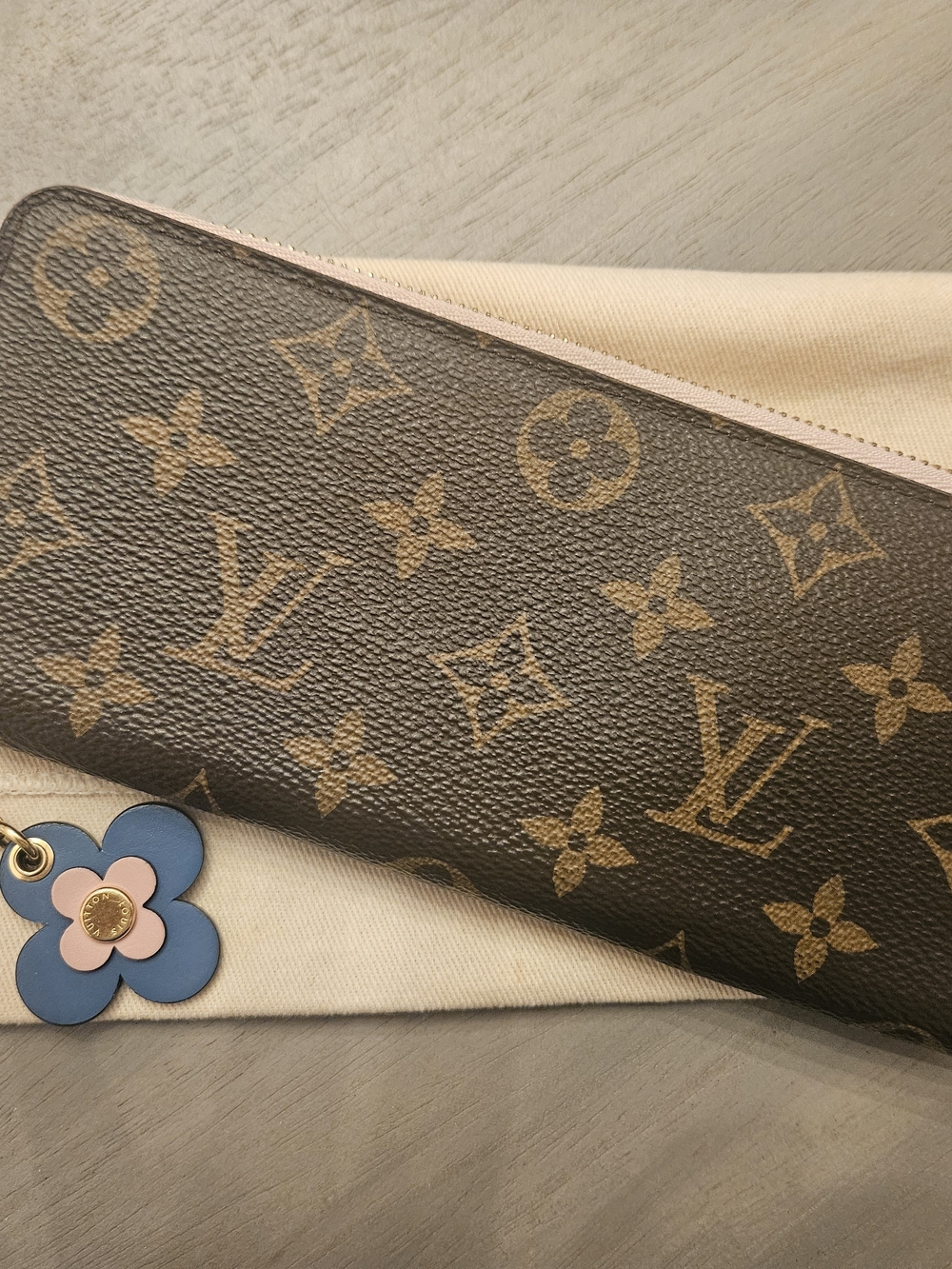 Louis Vuitton Monogram Canvas Zipper Wallet in Brown with Pink Trim